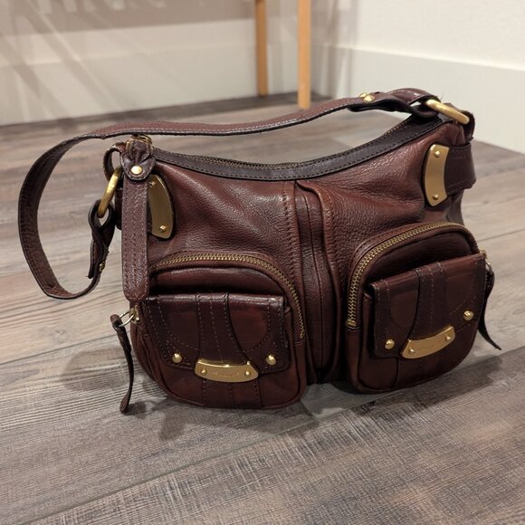 B. Makowski Brown Soft Leather Shoulder Bag Y2K Slouchy Front Pockets Brass - Picture 3 of 16